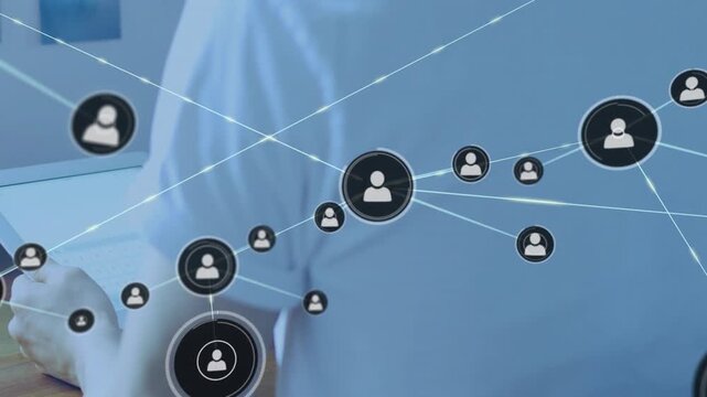 Man holding tablet, single user-icon appearing and forming linked nodes showing tech network growth