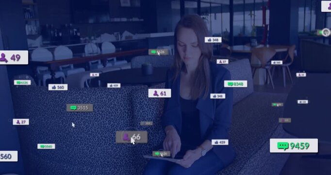 Woman tapping tablet on sofa, starting social media badges spreading across frame tracking metrics