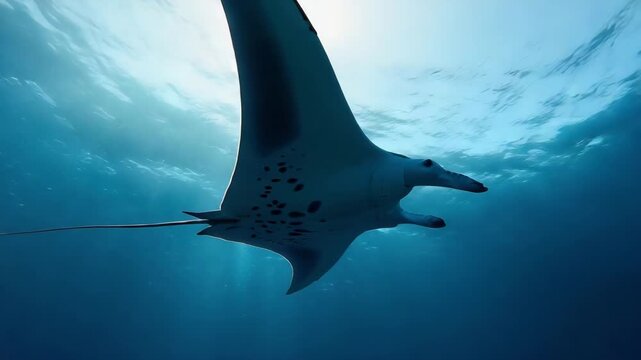 Manta ray glides overhead with smooth wing movements while camera tracks below following its path