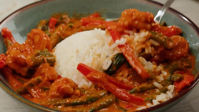 Tamarind red prawn curry cooking, shrimps in tomato ginger sauce, asian kitchen, Chinese restaurant.