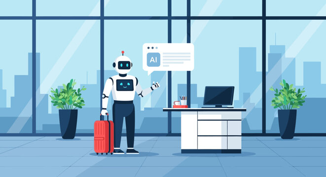 A friendly robot with a suitcase stands next to a desk with a computer and a speech bubble indicating AI, in a modern office lobby with large windows and plants.