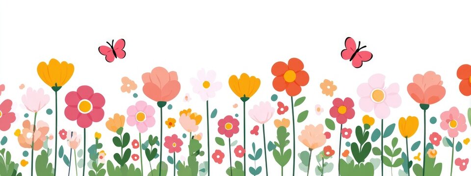 Colorful meadow flowers with delicate butterflies in flight