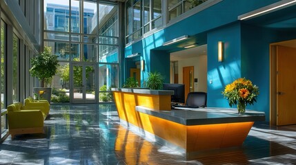 Modern office lobby with sleek reception desk and vibrant blue walls