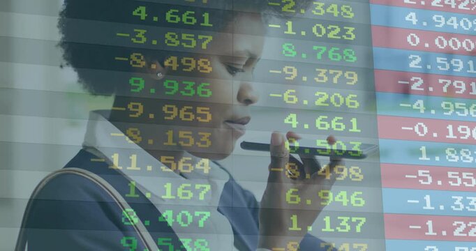 Woman raising phone speaking by window requesting market update while transparent overlay scrolling
