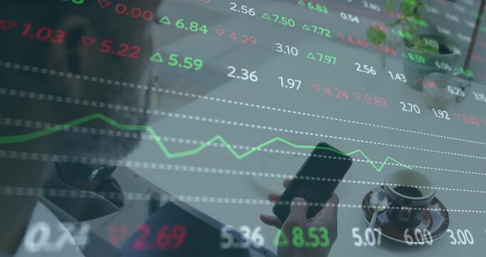 Market overlay updating, mature man scanning phone, tapping and biting pastry, monitoring stocks