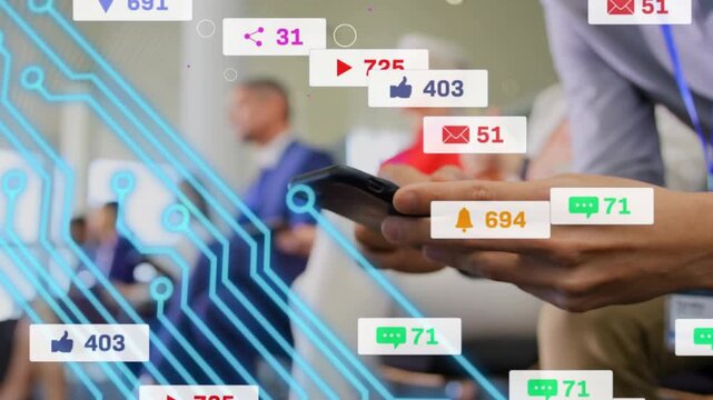 Hands holding phone starting circuit and badges rising around hands then clearing, for marketing