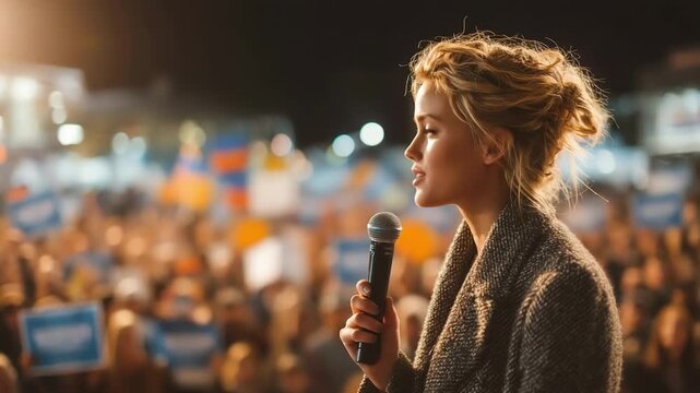 Confident young woman speaking into a microphone at an outdoor event, with a blurred crowd in the background. Public speech, leadership, communication, activism, empowerment, and motivation.