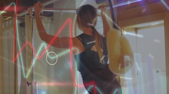 Woman gripping pullup bar, pulling up for fitness metrics with animated charts overlaying torso