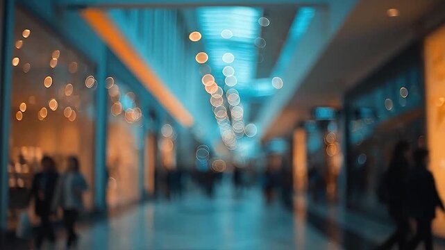 Blurred view of people walking through a modern shopping mall with bokeh lights