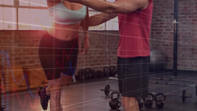 Trainee shifting weight into one-leg balance, trainer helping, stats overlay weights for fitness