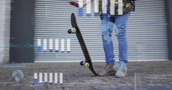 Man tapping foot by shutter, popping board upright beside leg, tech HUD overlaying feet and board