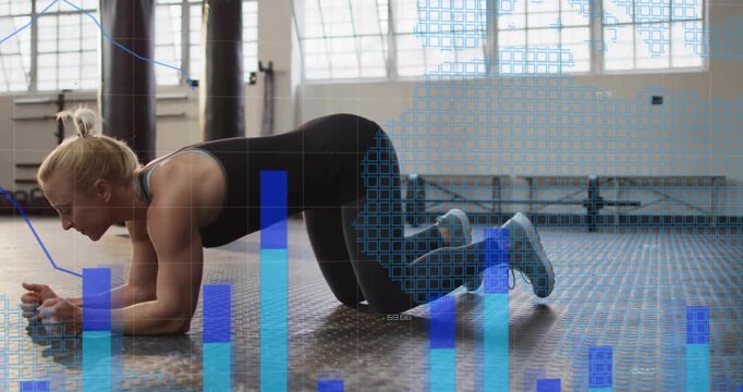 Woman reaching, shifting into forearm plank, extending legs while blue overlays tracking fitness