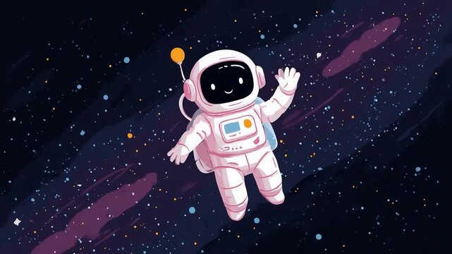 Cute cartoon astronaut floating in outer space surrounded by colorful stars and galaxies. Whimsical cosmic illustration, adventure, exploration, kids art, galaxy, and science fiction theme