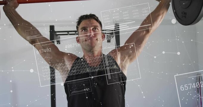 Man bracing core, pressing barbell overhead then hinging down for strength, HUD overlaying grids