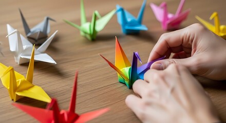 A Person Creating Colorful Origami Cranes On A Wooden Table