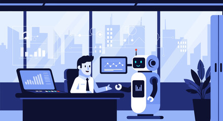 Fototapeta premium A businessman in an office collaborates with a modern robot displaying data on screens, symbolizing technological advancement in the workplace.
