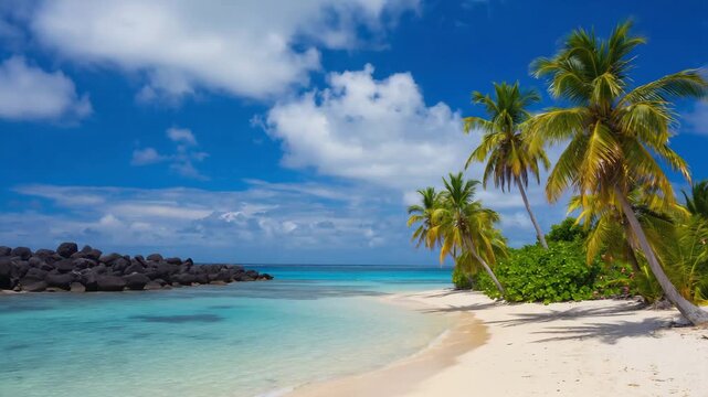 Palm fronds sway gently in tropical breeze while small waves wash onto the shore rhythmically 