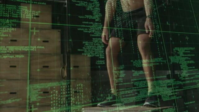 Male athlete crouching then exploding onto plyo box, building power while green code overlay moving