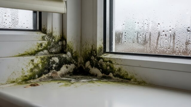 Mold growth on interior window frame detailing condensation and humidity