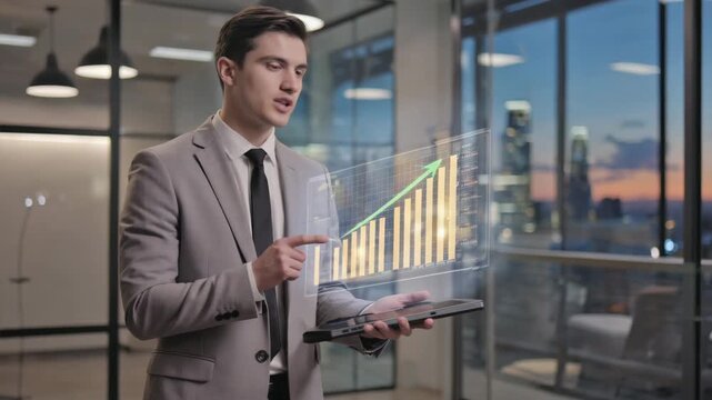 Presenter emphasizes graph points while camera slowly pushes in on the data visualization