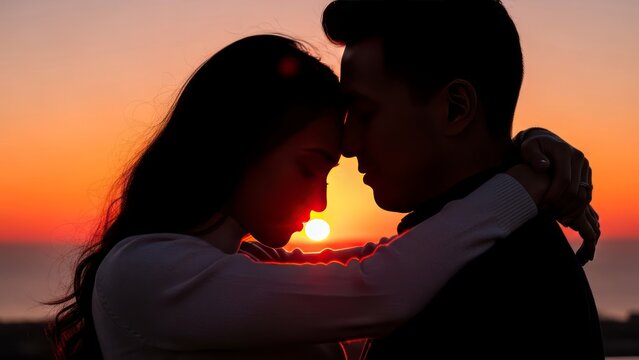 Silhouetted couple embracing at sunset symbolizing love and romance