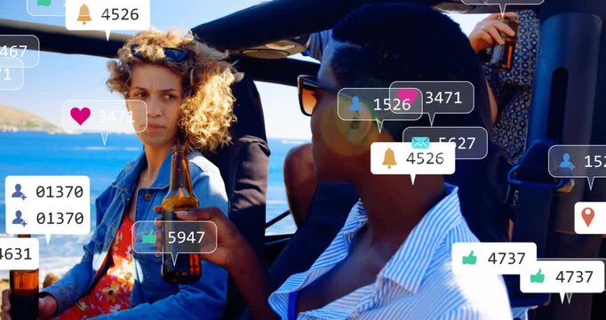 Woman talking, toasting beer in car, social icons pinging, floating, hiding faces, showing buzz