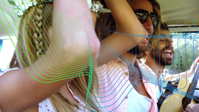 Three friends laughing, singing inside vintage van, guitar strum sparking animated notes for travel