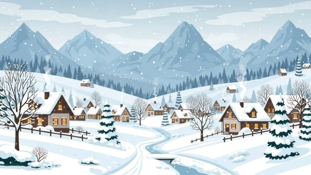 Winter village scene snow covered houses and mountains under a snowy sky