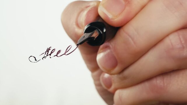 Fountain pen write letter, document sign on an antique handwritten letter. Vintage nib pen and handwritten english cursive style font copperplate, spencerian. Old history background. Retro style.