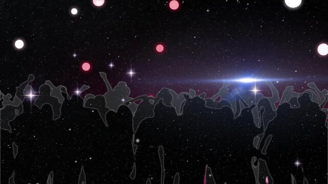 Silhouetted crowd dancing to music in entertainment scene, with animated orbs highlighting edges