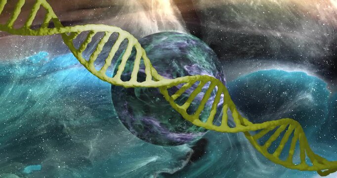 Playback starting 3D helix rotating and sliding across planet, nebula, cycling colors for science