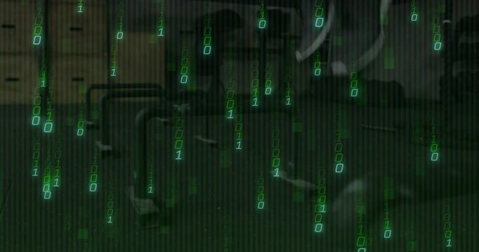 Man lifting foot initiating steps on step doing cardio while green binary overlay rising over feet
