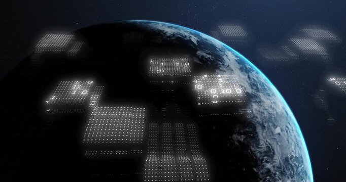 On data pulse planet opening, matrices drifting and converging, scanning to reveal cloud and land