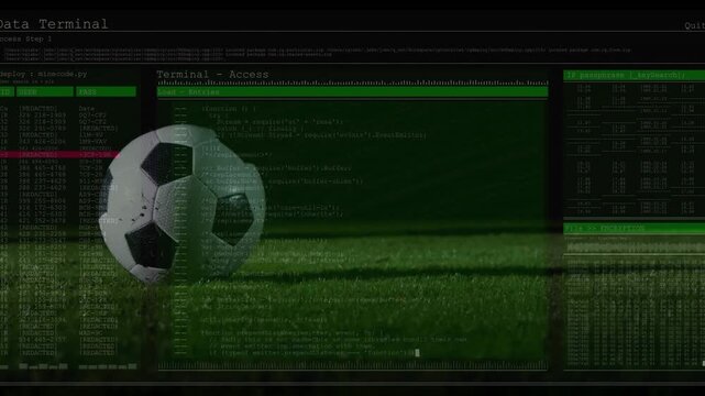 Terminal overlay fading while player entering top-right and kicking ball forward on pitch, sports