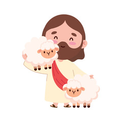 Fototapeta premium Cute Jesus Shepherd with Sheep Kawaii Illustration Set