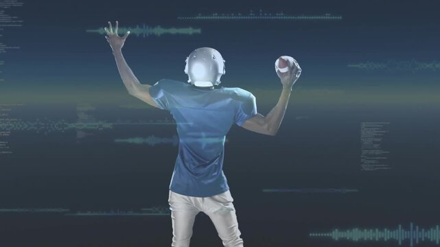 Male QB holding football, shifting weight and winding up to pass, waveforms tracking arm motion