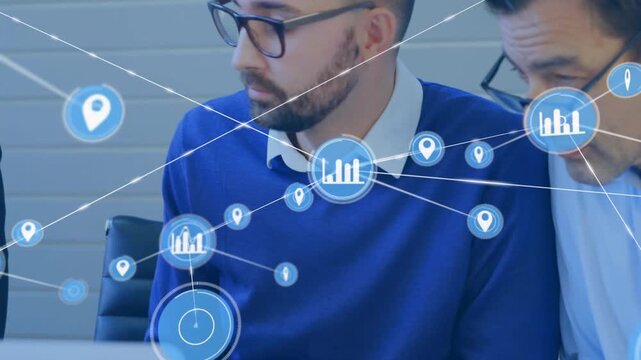 Bearded man discussing charts, pen hovering causing business network overlay expanding for analysis