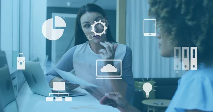 Right woman pointing triggers center woman reading, replying; floating tech icons guiding workflow