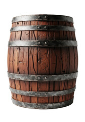Fototapeta premium A magnificent european oak aging barrel with weathered iron bands isolated on a white studio background. Concept for luxury beverage advertising