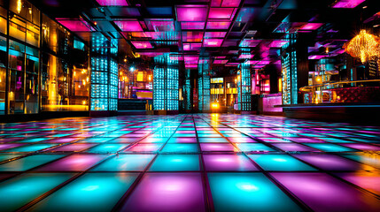 Vibrant Nightclub Dance Floor with Neon Lights and Reflective Surfaces