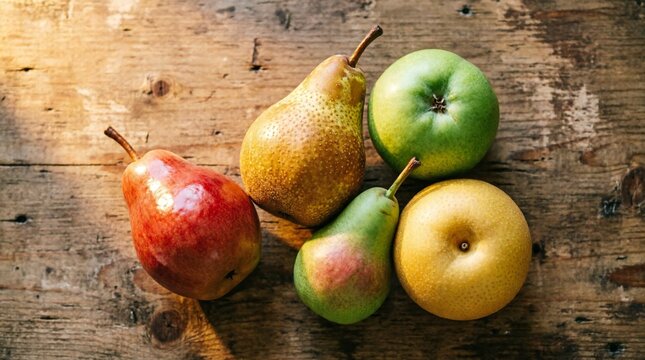 Five different fresh pear varieties including Williams, Bosc, and Asian Nashi arranged on weathered wooden surface with natural lighting, top view flat lay composition for culinary and healthy eating 