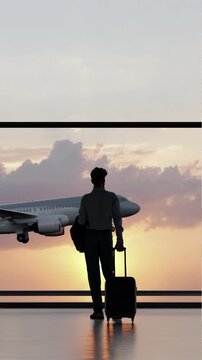 Silhouette of a man walking in the airport as the plane takes off during sunset.. 4k animation, aspect ratio 9:16, 4k 3D illustration.