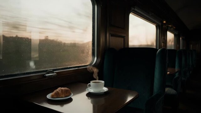 Luxury European Train Cabin with Breakfast Table and Morning Sunlight Through Countryside Windows