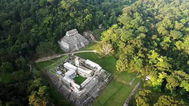 Aerial drone view of Palenque Mayan ruins featuring ancient pyramids and temples surrounded by tropical jungle in southern Mexico