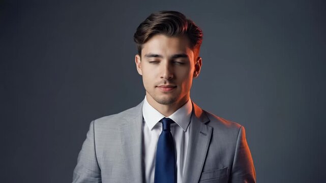 Professional maintains confident expression while subtle activity occurs in background workplace setting 