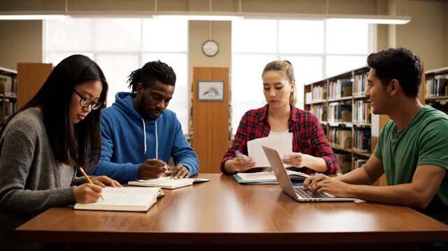 students studying together library.