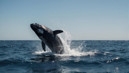 Obraz premium Orca leaps from ocean water, splashes, under clear blue sky, dramatic wildlife scene