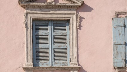 Fototapeta premium Ornate window with blue shutters on a pink stucco wall; another shutter visible