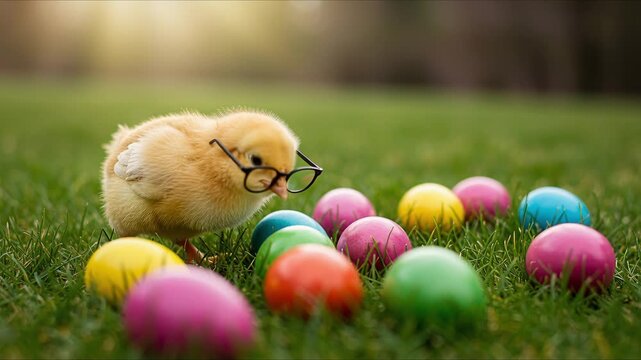 small chick with black glasses exploring colorful easter eggs in fresh green grass for cheerful holiday celebration concept