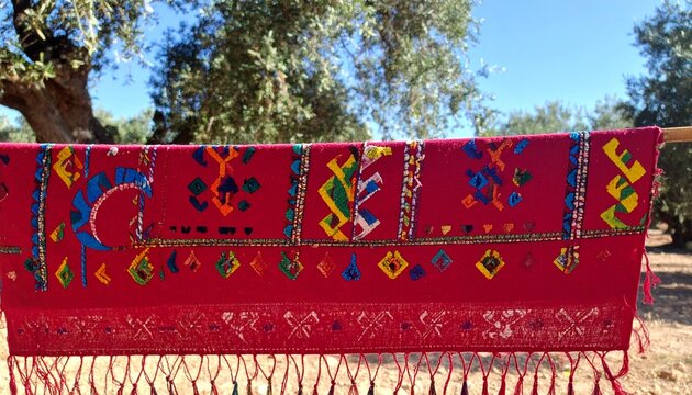 Vibrant Algerian Kabyle Textile: Handcrafted Red Wool Tapestry with Traditional Berber Symbols